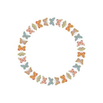 Groovy y2k butterfly border in colorful circle pattern. Funky retro frame with abstract, vintage style. Bold motif offers cool and playful format, ideal for trendy, artistic backgrounds. vector