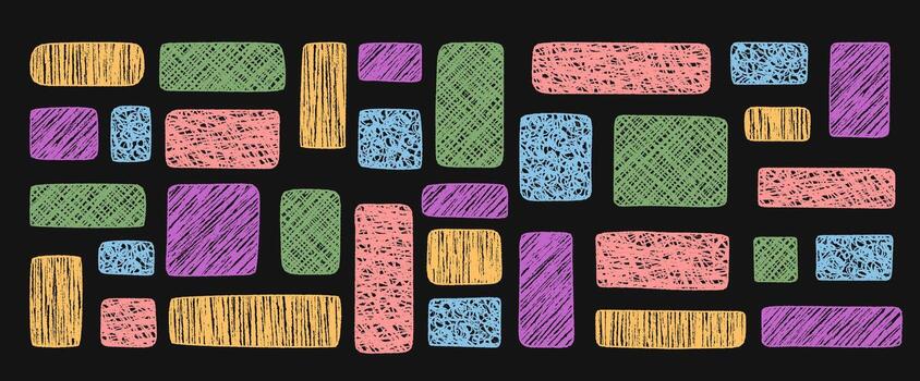 Colorful chalk sketch rectangle set with wavy box shapes forms bold banner frame and organic textbox background in artistic style. Quote graphic offers a unique template for abstract and modern vector