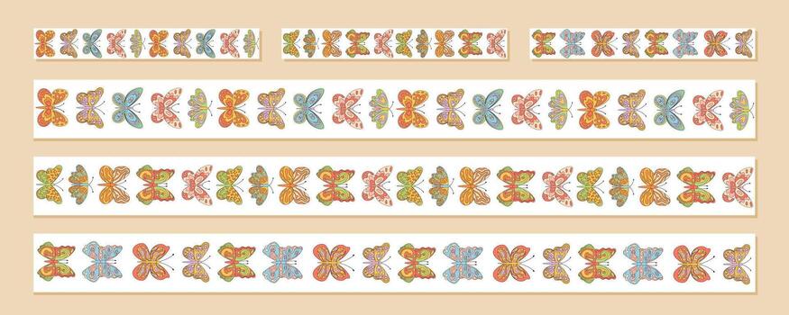 Groovy retro seamless butterfly border set in colorful floral pattern and y2k style. Vibrant seamless border pack with abstract graphic frame for creative vintage projects. vector