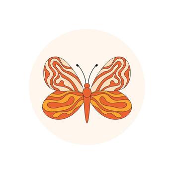 Groovy retro butterfly in flat style, orange and abstract circle sticker label for y2k package lid. Graphic shape and modern retro format, perfect for product seal use. vector
