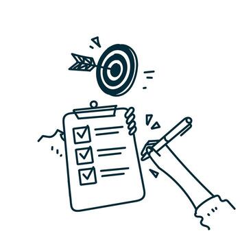 a hand holding a clipboard with a dart and a check mark vector