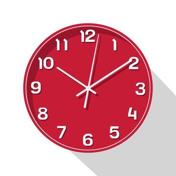 Red wall clock with white numbers and hands showing time. on a white background. vector