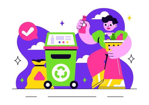 ilustración de inteligente reciclaje contenedores presentando ai chip para sostenible basura clasificación y ambiental cuidado vector