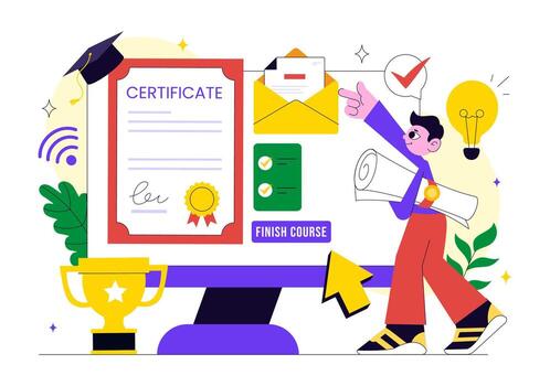 Illustration of Online Training Certificate with LMS and Mobile Education Application vector