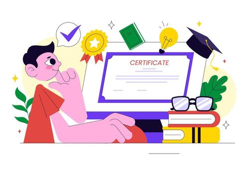 Digital Course Certificate Illustration Featuring Skill Improvement and Online Tutor vector