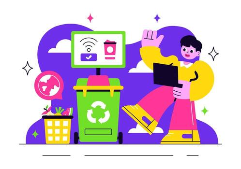 Smart Waste Sorting Illustration Featuring Recycling Bins with AI Chip Technology vector