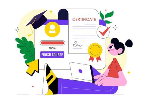 Online Course Certification Illustration Featuring Mobile App and Learning Platform vector