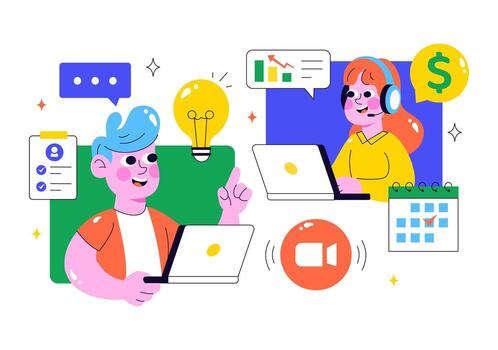 Characters using laptops for online learning vector