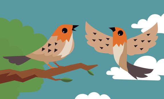 two sparrows, one flying and one perched on a branch vector
