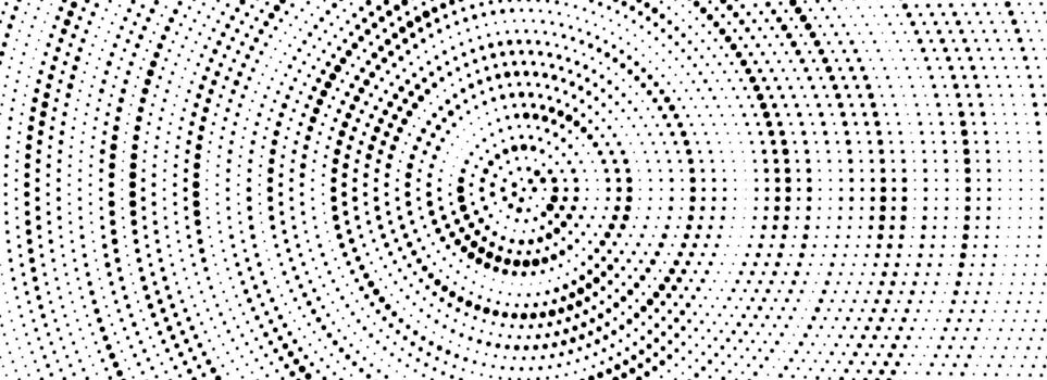 Black halftone concentric circle texture. Rippled repeating sound wave ring wallpaper. Dotted radial gradient background. Rasterized backdrop for vibration, epicenter, target, radar signal vector