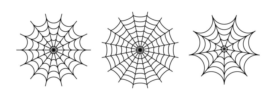 Black line spider web set. Simplified cobweb collection. Halloween frame and borders elements for banner, poster, decoration. Linear spooky tangled net bundle. Haloween pack vector