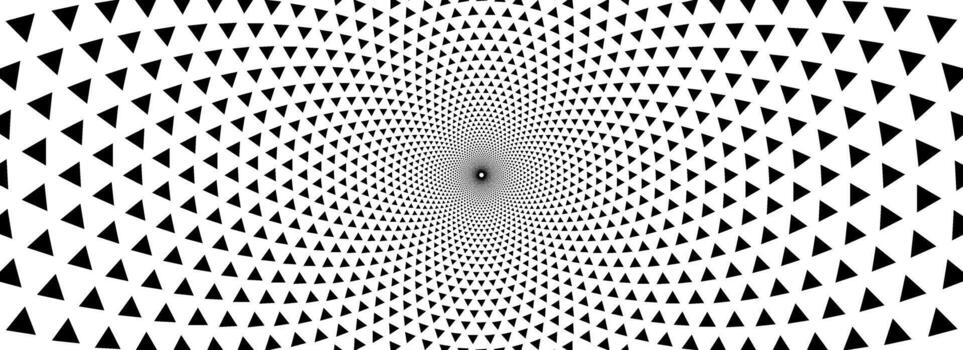 Triangle optical illusion background. Black and white hypnotic rotating triangles surface. Spinning spiral arrow poster design. Abstract trippy illusion wallpaper for banner, template design. vector