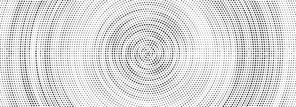 Black halftone concentric circle texture. Ripple repeating sound wave ring wallpaper. Dotted radial gradient background. Rough rasterized backdrop for epicenter, target, radar signal, vibration vector