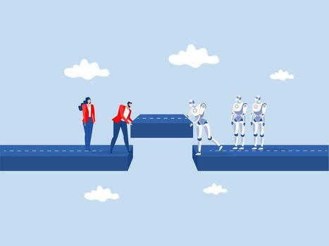 Teamwork,businessman with robot help building the bridge to connect the way ,Build business bridge connect path together vector