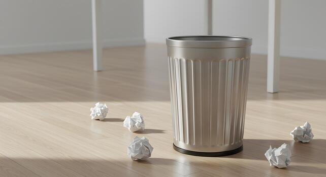 Trash bin with paper waste Empty trash bin in room with crumpled papers on floor photo