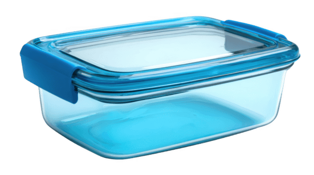 retangular vidro Comida recipiente com uma azul tampa, isolado em transparente fundo png