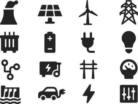Power System 16 Solid Color Icon Set Collection on White Background vector