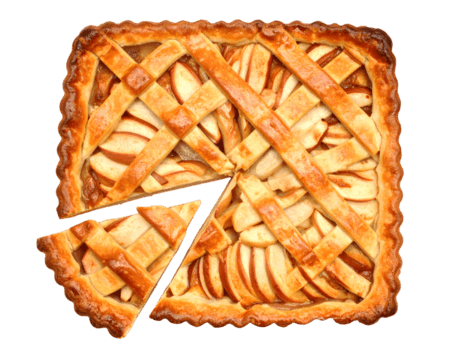 Square apple lattice pie with flaky buttery crust, caramelized fruit filling and one slice cut out, top view on isolated background png