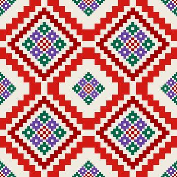 moderno digital estética de geométrico simetría y vistoso píxel cuadrícula y diamante motivos tradicional textil sin costura patrones. vector