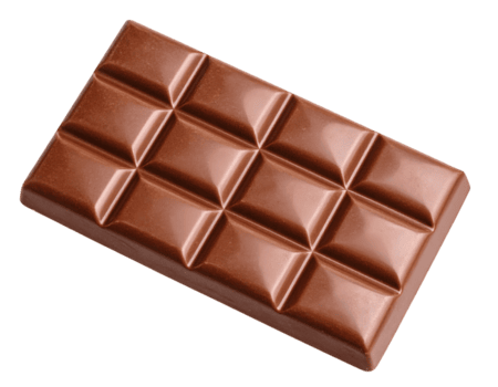 mjölk choklad bar läsplatta med glansig segmenterad rutor, vinklad se, på isolerat bakgrund png