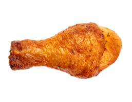 Roasted chicken drumstick with crispy golden skin and juicy meat, seasoned poultry leg photographed in clean studio light on isolated background png