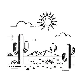 Monochromatic Desert Landscape with Cacti and Mountains under the Sunlight, a minimal style drawing for prints and backgrounds vector