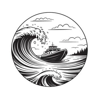 Monochrome Boat Ascending the Wave Crest Amidst a Circular Landscape with Trees and Clouds Above a Detailed Ocean vector