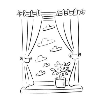 Whimsical Window View A Hand Drawn Illustration of a Window with Curtains, Clouds, and a Plant Pot vector