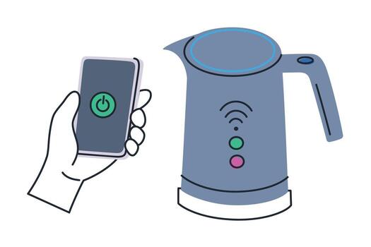 Smart kettle with Wi Fi control and smartphone connection. Flat cartoon illustration of modern kitchen appliance, home automation, remote control concept, smart home technology design vector