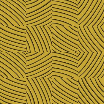 A golden tile pattern with curved wave-like lines forming a dynamic geometric texture. The shadows between the stripes create a sense of depth and dimension, making it appear embossed. vector