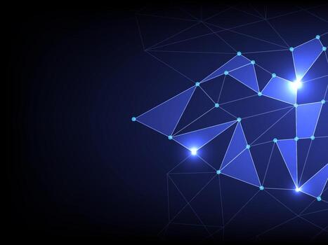 A futuristic digital network design with glowing blue nodes connected by geometric lines. The dark gradient background enhances the bright polygonal mesh, symbolizing data flow, communication vector