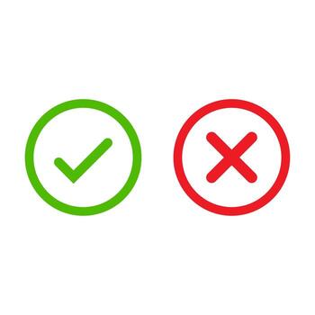 Tick and cross signs. Green checkmark OK and red X icons . Circle symbols YES and NO button for vote, decision, web, logo, app, UI. illustration vector
