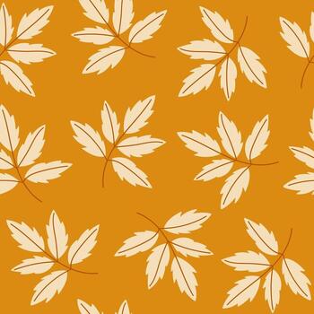 botánico sin costura modelo con mano dibujado beige hojas en un naranja antecedentes. mínimo impresión con vistoso follaje para decorativo diseño. textil diseño vector