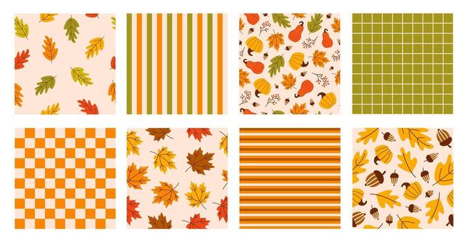 otoño conjunto temporada sin costura patrones con hojas, calabazas, bellotas y Derecho líneas. vector