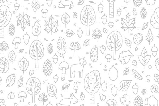 encantador bosque modelo con caprichoso árboles, bellotas, hongos, y bosque criaturas en limpiar línea Arte estilo. vector