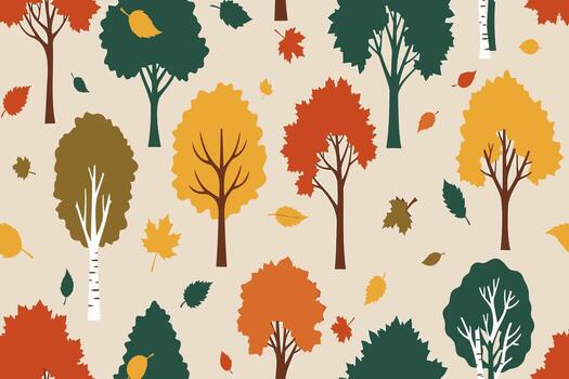 Vibrant autumn trees and falling leaves seamless pattern for seasonal design projects and backgrounds vector