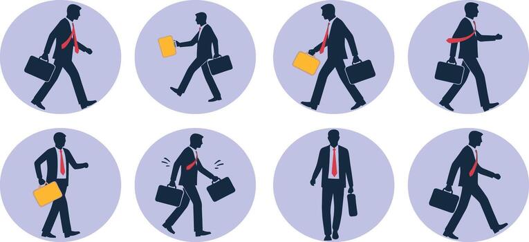 collection of eight circular icons, each depicting a businessman in different walking poses vector