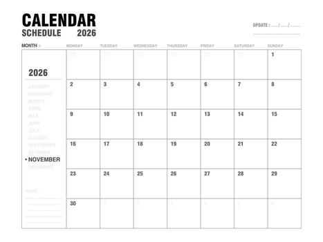 November 2026 calendar planner template with monthly layout, clear day and date for event schedules, meeting planning, and agenda organization. Minimalist design and easy to use. illustration. vector