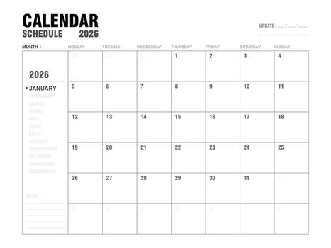 January 2026 calendar planner template with monthly layout, clear day and date for event schedules, meeting planning, and agenda organization. Minimalist design and easy to use. illustration. vector