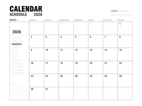 March 2026 calendar planner template with monthly layout, clear day and date for event schedules, meeting planning, and agenda organization. Minimalist design and easy to use. illustration. vector