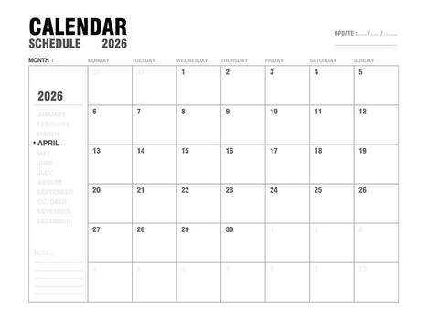 April 2026 calendar planner template with monthly layout, clear day and date for event schedules, meeting planning, and agenda organization. Minimalist design and easy to use. illustration. vector