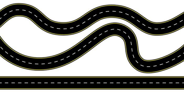 Birds eye top view of a winding highway with dashed center lines and smooth asphalt surface illustration suitable for map backgrounds route icons transport journey and empty lane vector