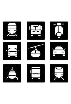 Nine icons representing different vehicles. A set of various transportation symbols. Grid of public and private vehicle icons. vector