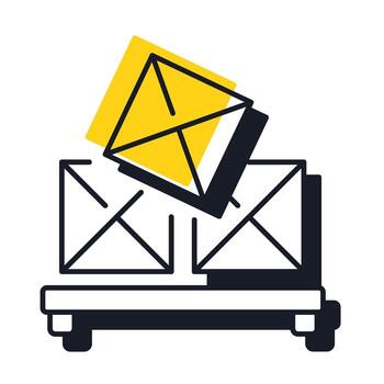 Containers stack on pallet offset shadow line icon. Cargo transportation and storage. Boxes with goods on ground. Bold outline symbol with solid yellow fill. Modern flat illustration. Editable stroke vector