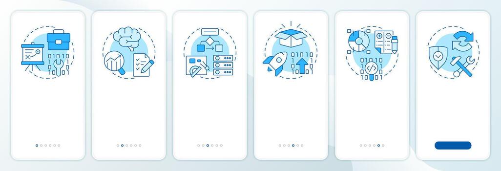 Software development life cycle blue onboarding mobile app screen. Walkthrough 6 steps editable graphic instructions with linear concepts. UI, UX, GUI vector