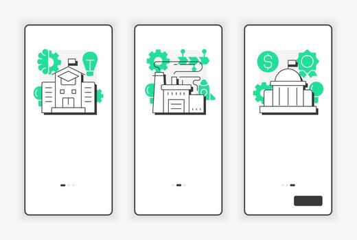 triple hélice modelo móvil inducción pantalla. innovación gestión. negocio desarrollo ux ui ilustración. plano contorno estilo íconos con verde acento vector