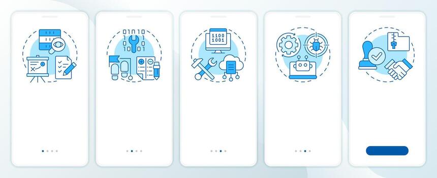 Software testing blue onboarding mobile app screen. Strategy, planning. Walkthrough 5 steps editable graphic instructions with linear concepts. UI, UX, GUI vector
