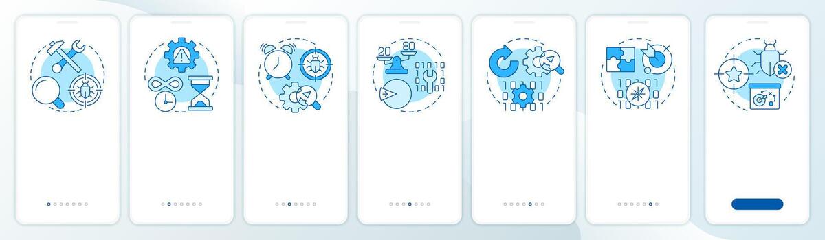Software testing key principles blue onboarding mobile app screen. Walkthrough 7 steps editable graphic instructions with linear concepts. UI, UX, GUI vector
