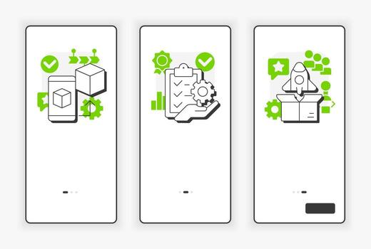 Technology readiness levels mobile onboarding screen. Deployment stage analyzing UX UI illustration. Flat outline style icons with green accent vector