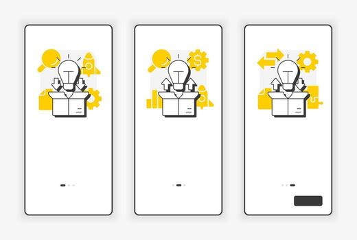 Models of open innovation mobile onboarding screen. Research and development management UI illustration. Flat outline style icons with yellow accent vector